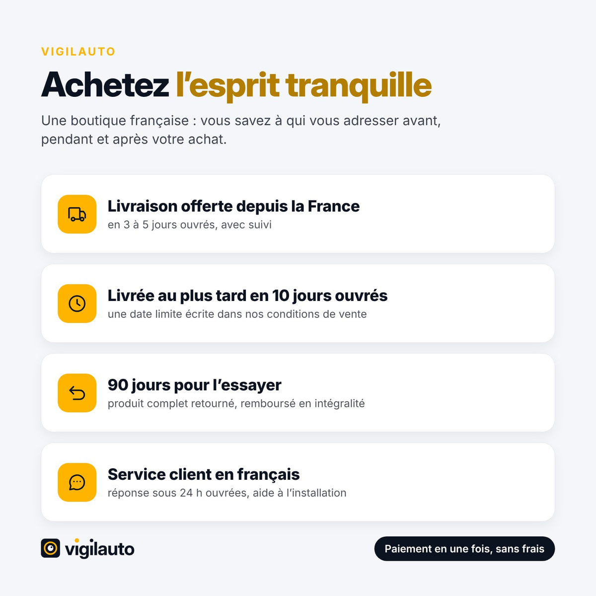 Engagements Vigilauto : livraison offerte depuis la France, 90 jours pour essayer, SAV en français