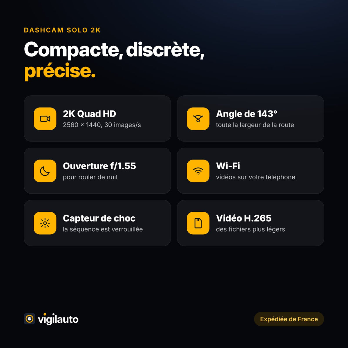 Points forts : 2K Quad HD, 143°, f/1.55, Wi-Fi, capteur de choc, H.265