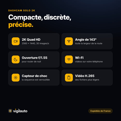 Points forts : 2K Quad HD, 143°, f/1.55, Wi-Fi, capteur de choc, H.265